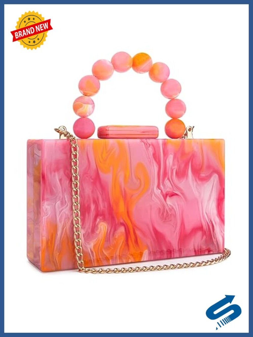 Acrylic Marbling Evening Clutch with Pearl Chain Detachable Crossbody Bag